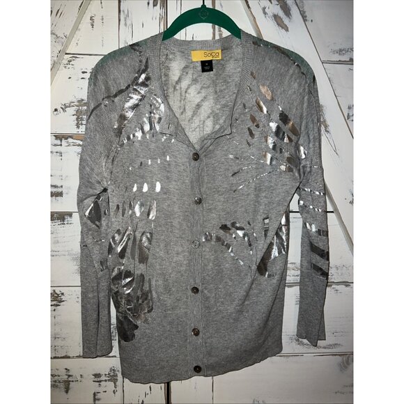 SoCa St. John Cardigan Sweater Gray Silver Shiny Metal Lightweight Spring Size M - Picture 2 of 8